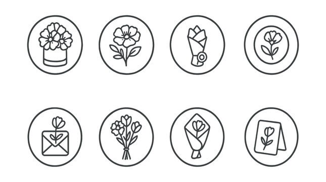 Line style icons of mini and mono bouquets: bloom in cylinder box, round container mono bouquet, mini bouquet with wax seal, floral stamp icon, message and single flower, paper pouch bouquet, kraft