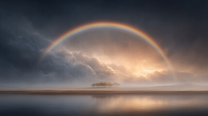 Colorful rainbow arching over calm lake with trees at sunset.