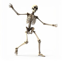 Halloween skeleton dancing over white background, X-ray cheerful human skeleton with fancy poses and moves