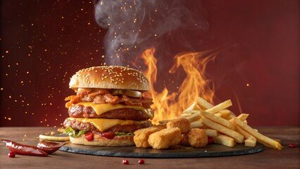 Double Cheeseburger with Golden Fries and Pizza Slice on Slate Board with Flames and Rising Smoke
