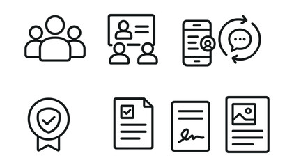 Line style icons of project management: stakeholder icon, meeting summary symbol, notes from call, feedback loop icon, approval request badge, decision record page, client sign-off, project brief doc