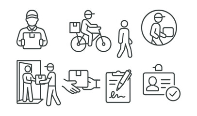 Line style icons of logistics and delivery: courier with package, bicycle delivery icon, walking courier badge, scooter courier symbol, courier on doorstep, package handoff icon, delivery signature,