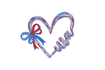 USA, Patriotic Heart Shape with Stars and Stripes – Red White and Blue 4Th of July Sublimation Design