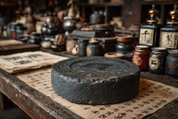 Ancient Tea Cake on Traditional Paper with Cultural Artifacts in Background