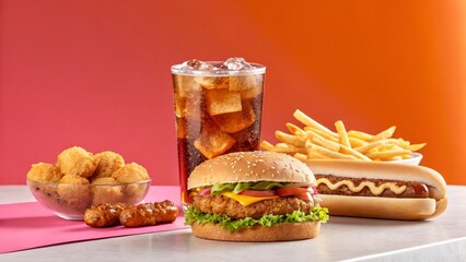 Classic Chicken Sandwich with Crispy Chicken Fillet, Leaf Lettuce, Tomato, Golden Fries, and Iced Cola on Warm Orange Background