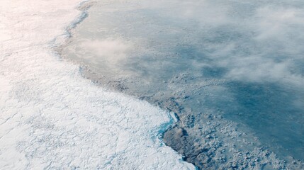 Glacial Divide Icy Edge Between Land and Water with Aerial View.