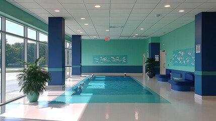 hydrotherapy pool gleam under natural light offering tranquil medical space water based rehabilitation Adjustable water jet ensure customized therapy while mosaic tile depict calming aquatic