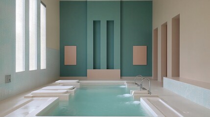hydrotherapy pool gleam under natural light offering tranquil medical space water based rehabilitation Adjustable water jet ensure customized therapy while mosaic tile depict calming aquatic