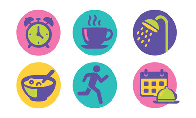 Two-Color vector icons of morning routine in circular design: alarm clock, coffee cup, shower head, toothbrush, cereal bowl, morning jog, calendar, breakfast tray.