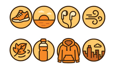 Outline with Fill icon set for urban sunset walk in circles: sneakers, horizon glow, earbuds, breeze, leaf swirl, water bottle, light hoodie, skyline.