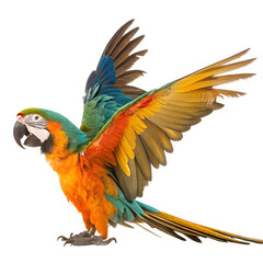 Obraz premium Magnificent Parrot in Flight: A vivid display of nature's artistry, a vibrant parrot with wings spread wide showcases a stunning blend of colors, symbolizing freedom and exotic beauty.