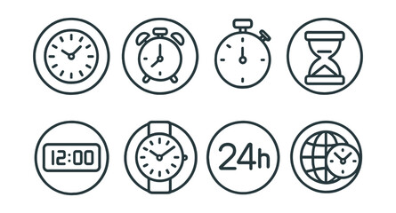 Line style icons of time management in circles: wall clock in circle, alarm clock icon, stopwatch outline, hourglass shape, digital clock screen, watch face, 24h icon, world clock.