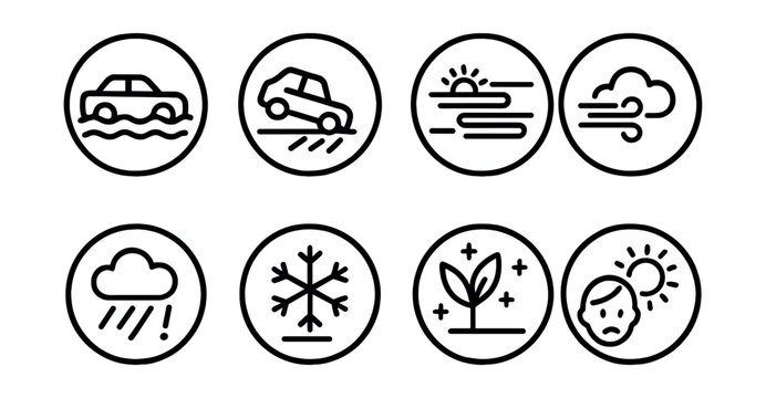 Line style icons of local weather events in circles: street flooding, icy road, foggy morning, strong breeze day, surprise rain, hail alert, frost advisory, sunburn warning.