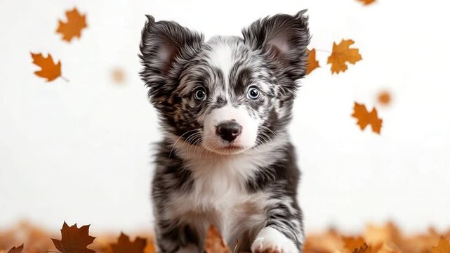 Adorable Puppy Border Collie Autumn: charming border collie puppy with a striking blue merle coat gazes winsomely amidst falling autumn leaves in the picture.