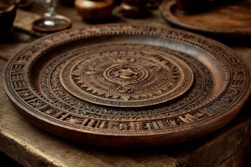Intricate Handcrafted Wooden Tray with Detailed Carvings and Circular Design for Decorative or