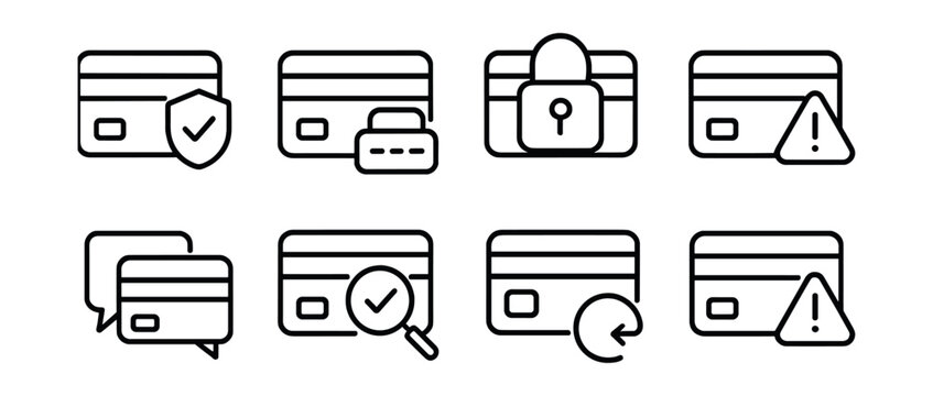 Line style icons of transactions: transaction security shield, encrypted payment icon, secure transaction lock, fraud detection alert, transaction dispute icon, transaction verification process,