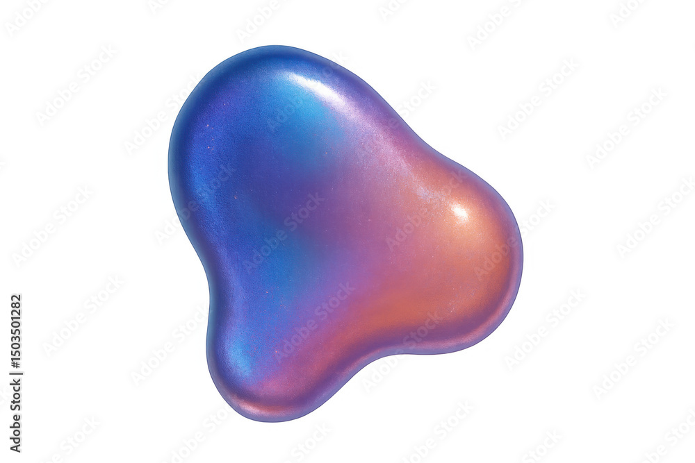 Poster iridescent liquid blob dynamically changing form, shimmering against transparent backdrop with fluid