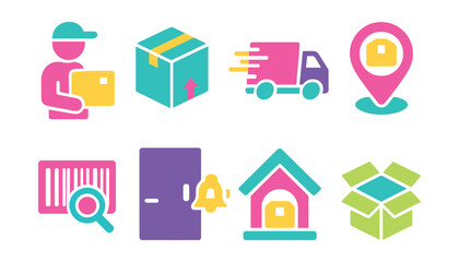 Two-Color vector icons of delivery services: courier, parcel box, express truck, delivery pin, tracking barcode, doorbell icon, pickup point, open package.