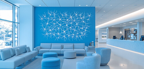 staff lounge medical professional featuring mural of interconnected neuron representing mental wellness teamwork lounge includes plush seating hydration station ambient lighting create