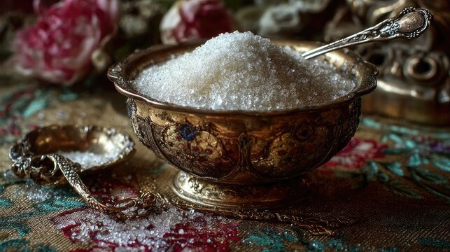 Sugar Bowl Elegance Vintage Gold with Spoon and Floral Textile.