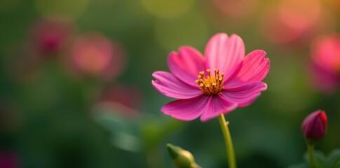 Obraz premium Tiny pink flower, vibrant petals, peaceful garden setting , wallpaper, peaceful