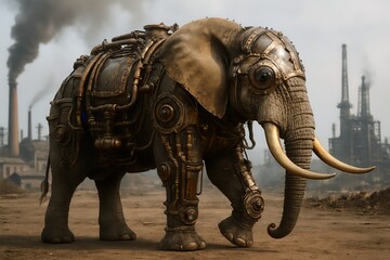 Fototapeta premium Steampunk elephant walking in industrial wasteland with pollution from factories