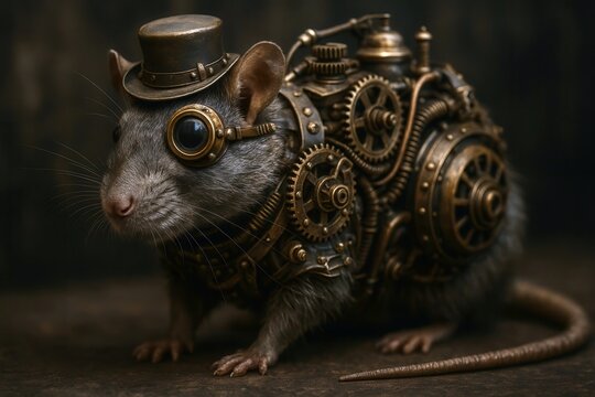 Steampunk rat wearing top hat and goggles with intricate mechanical device on its back