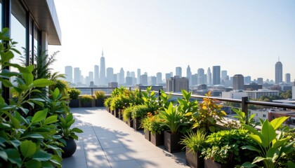 Fototapeta premium Lush Green Rooftop Garden Overlooking City Skyline at Sunrise