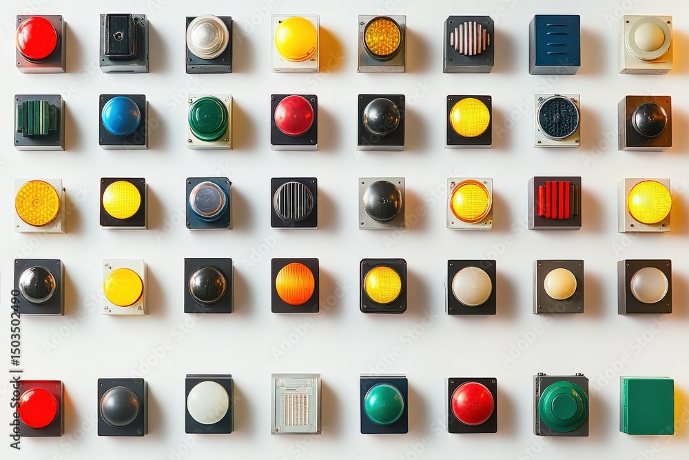 Wall mural colorful array of push buttons displayed on wall for industrial or design use