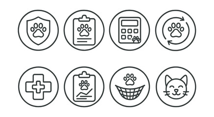 Line style icons of pets at home: pet insurance icon, plan chart badge, vet expense calculator, monthly premium ring, emergency coverage icon, wellness plan chart, safety net symbol, peace of mind