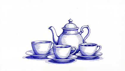 Vintage tea set sketch in blue ink, elegant design collection for decorative use