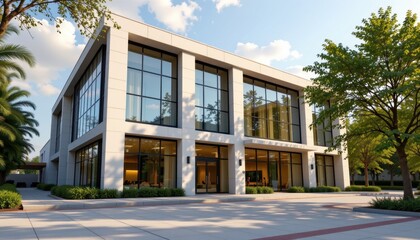 Modern Business Building with Large Windows and Green Surrounding