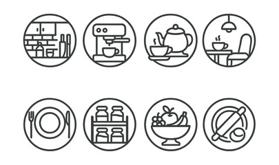 Line style icons of food and drinks: kitchen counter setup, coffee machine icon, tea station symbol, breakfast nook layout, dinner plate setting, spice rack with jars, fruit bowl centerpiece, baking
