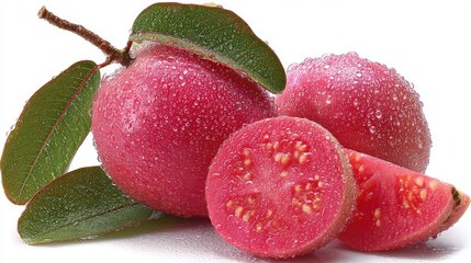 Fresh Red Guava Delight with Leaves with Refreshing Tropical Treat.