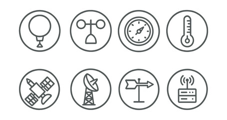 Line style icons of meteorology tools in circles: weather balloon, anemometer, barometer icon, thermometer tool, satellite icon, radar tower, wind vane, data station.