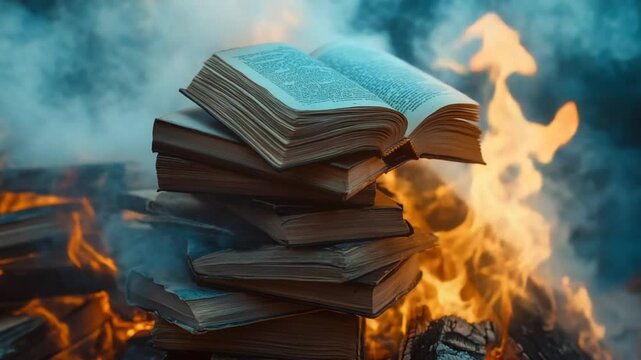 Burning knowledge: A symbolic stack of books engulfed in dramatic flames and smoke