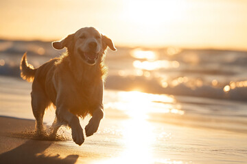 Golden Retriever running on the beach at sunset - joyful dog splashing in water, playful pet freedom moment in golden light