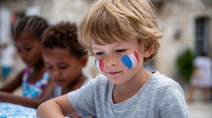 community celebrations, lively street with children getting french flag face paint, doing bastille day crafts, and a vibrant family-friendly atmosphere