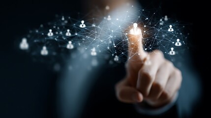 HR, Human resources, Recruitment and talent management, Businessman touching digital network structure, Focusing on recruitment and effective team management with digital HR network for team success