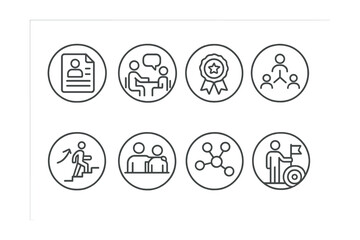 Line style icons of career development in circles: resume file, job interview icon, skill badge, training course, career ladder, mentorship session, networking symbol, professional goal.