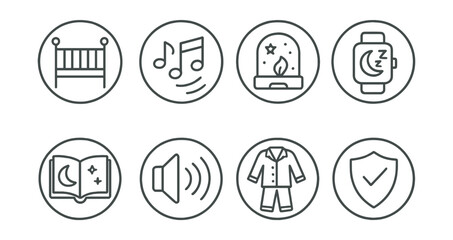 Line style icons of sleep and bedtime in circles: baby crib, lullaby music, night light, sleep tracker, bedtime book, white noise icon, cozy pajamas, sleep training badge.