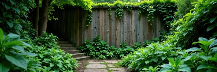 overgrown vegetation surrounds a wooden wall with concrete stairs, overgrowth, greenery, plants