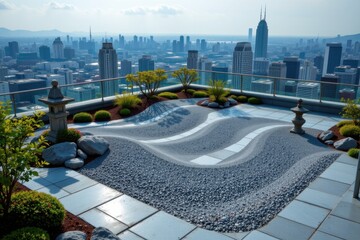 Serene Zen Garden on Rooftop with Cityscape View