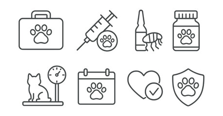 Fototapeta premium Line style icons of pet health: pet first aid kit, vaccine symbol, flea treatment, medication bottle, pet weight scale, vet appointment calendar, heart check, pet insurance.