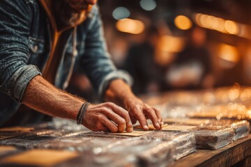 Craftsmans Hands Working with Leather and Tools in a Workshop Setting