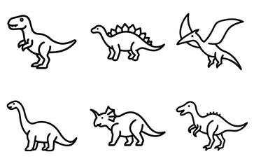 Dinosaur characters in simple black line art style, icons set, vector
