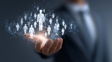 HR, Human resources, Recruitment and talent management, Businessman holding digital network structure, Focusing on recruitment and effective team management with digital HR network for team success