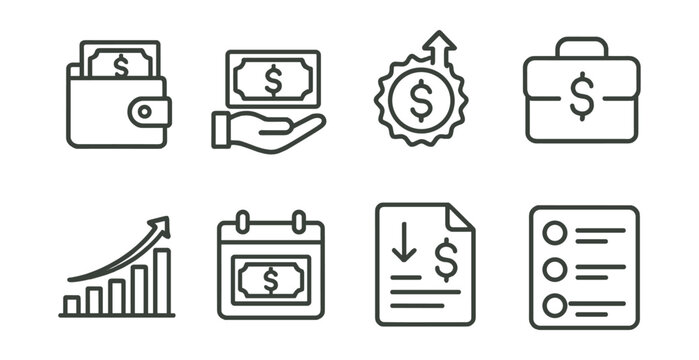 Line style icons of income tracking: salary icon, freelance payment, passive income badge, side hustle money, income chart, paycheck calendar, direct deposit, income sources list.
