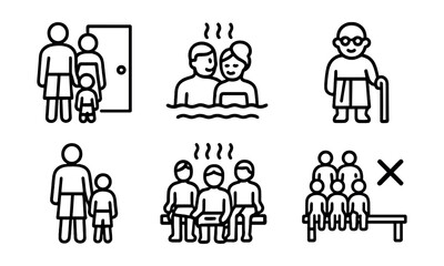 Obraz premium Line style icons of bathhouse: family bath visit, couple in steam, elderly person icon, child with parent, group bath session, social bath icon, shared bench, bath etiquette.