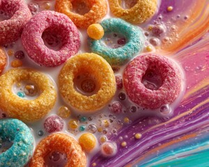 Obraz premium Colorful Cereal Rings in Milk Swirls
